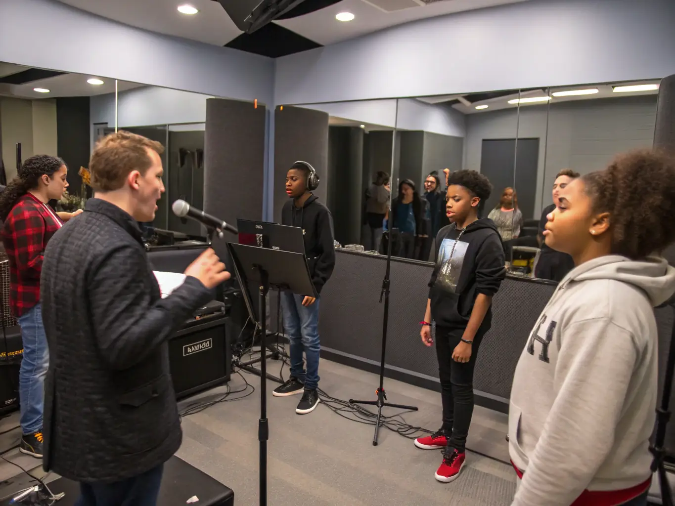 A group of amateur singers participating in a vocal training session, led by an experienced instructor, showcasing the collaborative and supportive environment of ADAGIO PROD.