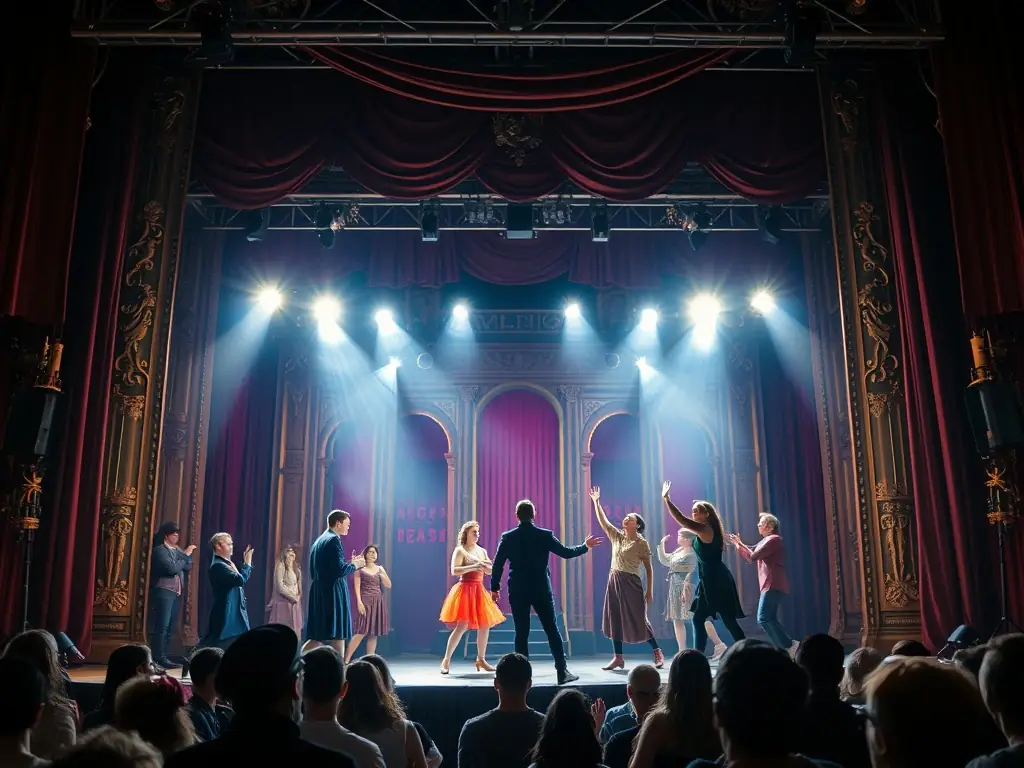 A captivating photo of actors performing on stage during a theatrical production supported by ADAGIO PROD, highlighting the organization's commitment to showcasing amateur talent.