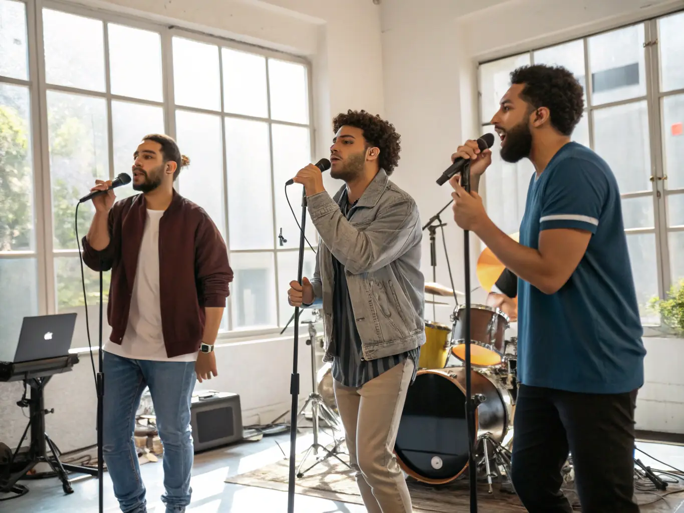 A dynamic image of amateur singers rehearsing for a concert, capturing the dedication and teamwork involved in ADAGIO PROD's musical programs.