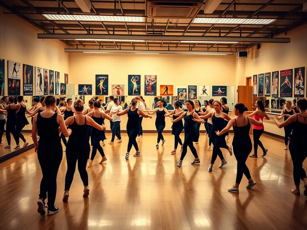 A dynamic dance workshop in progress, with participants learning new choreography and movement techniques under the guidance of a professional dance instructor.
