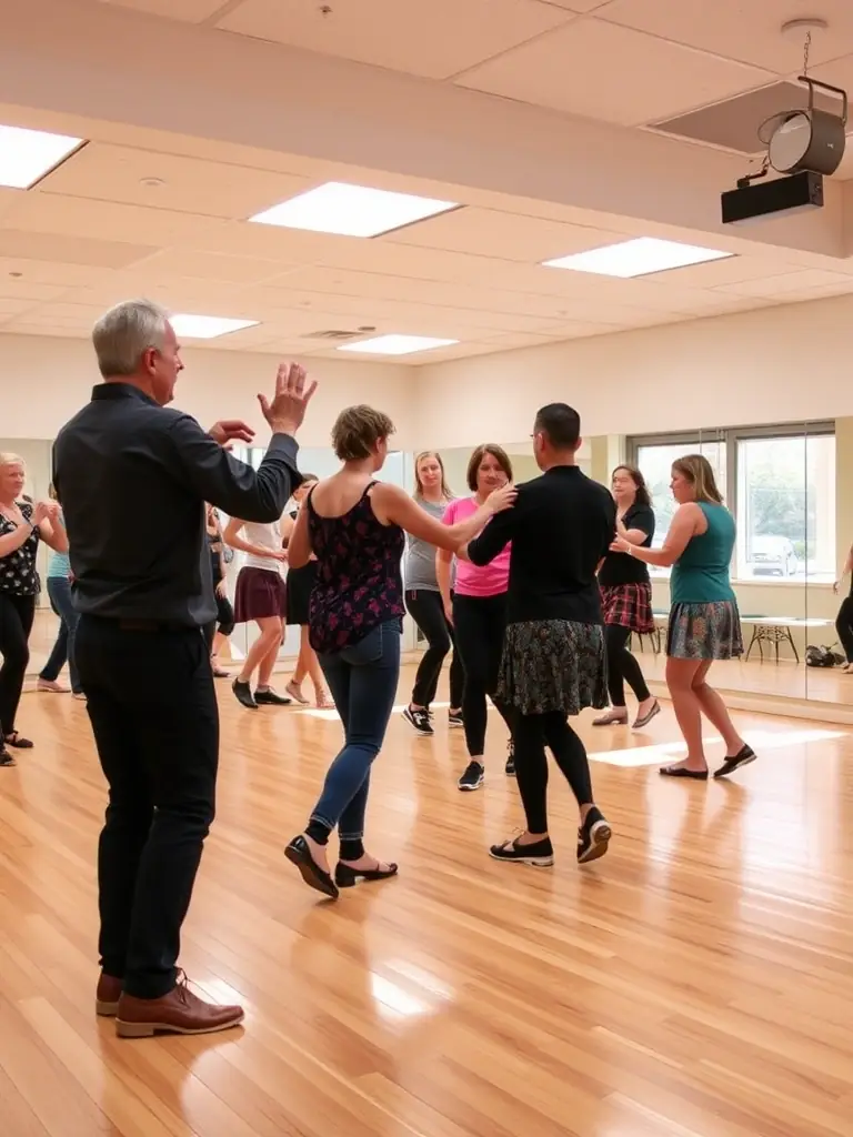 A photo of a TEMPO SWING dance class in session, with an instructor guiding students through swing dance steps, emphasizing the learning and skill improvement aspect.