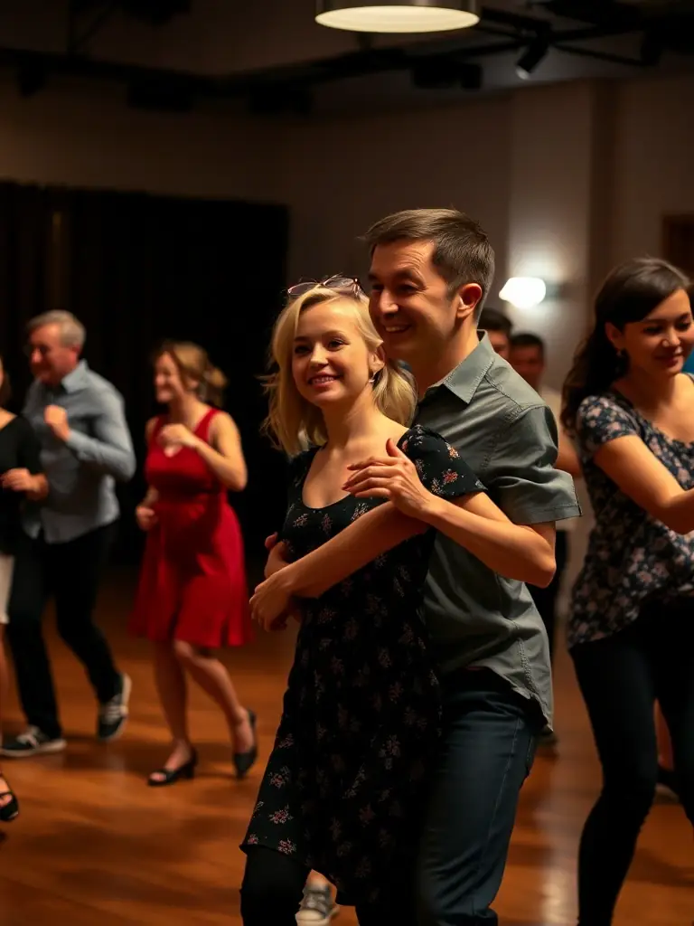 A dynamic shot of a swing dance class in full swing, capturing the energy and joy of the participants as they learn new steps.