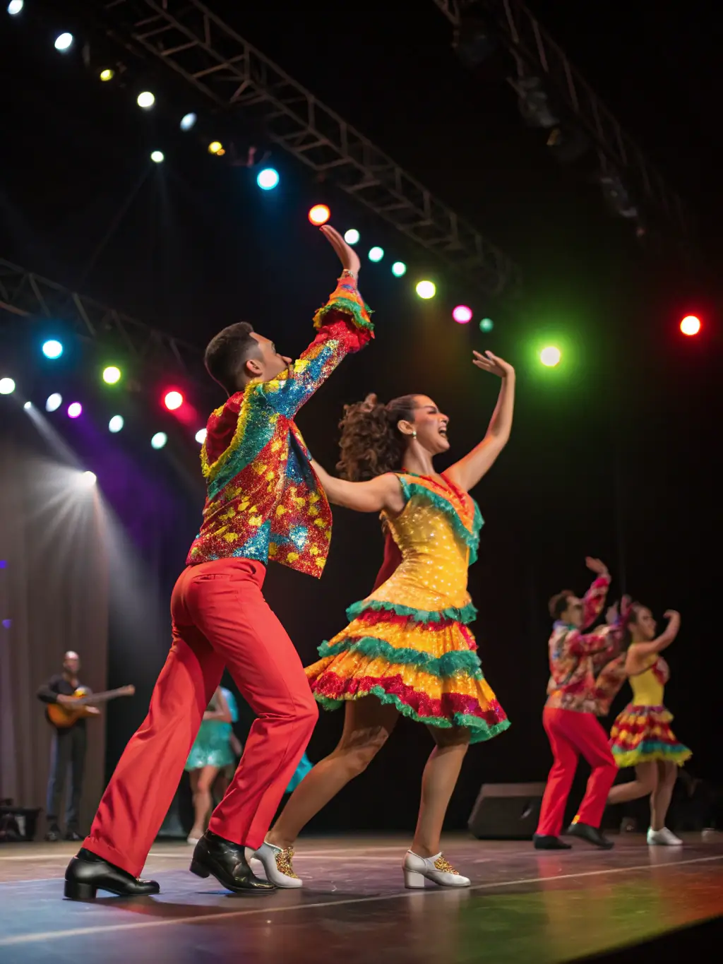 A dynamic photo capturing a swing dance competition, showcasing dancers in action with judges in the background, emphasizing the competitive aspect of TEMPO SWING.