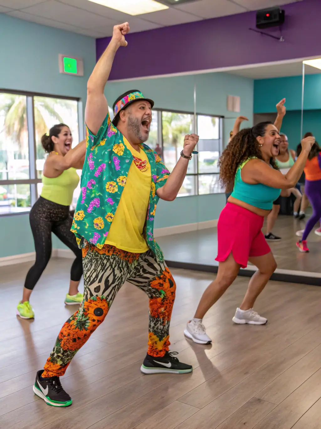 An image capturing the lively atmosphere of a Collegiate Shag class, with dancers energetically hopping and kicking, showcasing the fast-paced and playful nature of the dance, in a spacious dance hall.