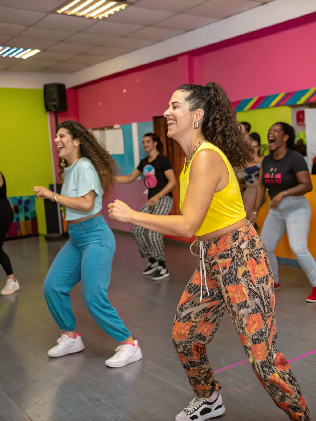 A vibrant image of a Lindy Hop class in session, showcasing dancers of various skill levels enjoying the energetic movements and partnered interactions, set in a well-lit studio with a wooden floor.