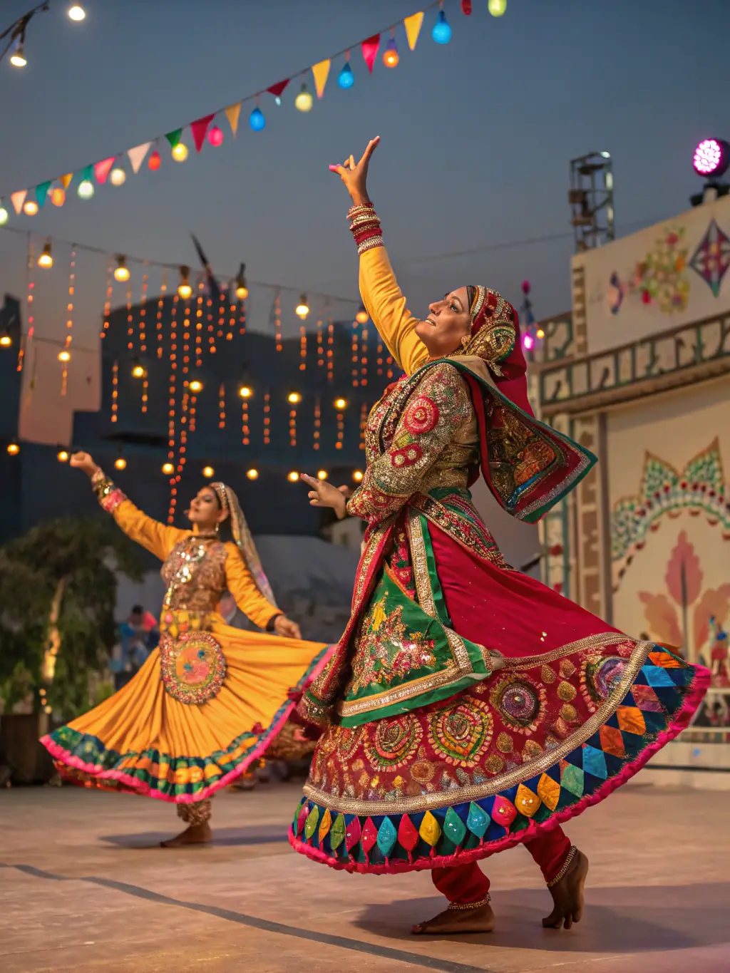 A vibrant image of TEMPO SWING members participating in a cultural event, dressed in themed attire, dancing outdoors, highlighting the club's involvement in cultural activities.