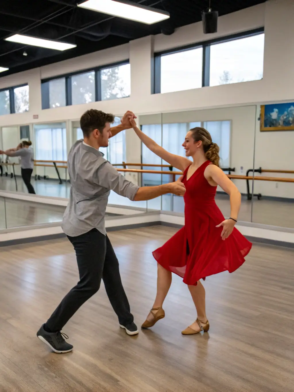 A photo of an intermediate swing dance workshop, showing dancers practicing more complex moves with guidance from an instructor.