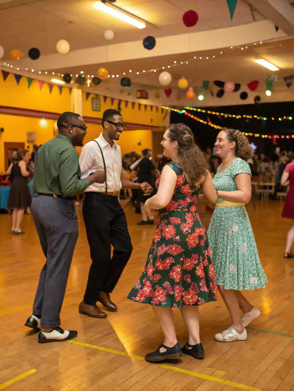 A vibrant photo of a social swing dance event, with dancers of all levels enjoying themselves on the dance floor.