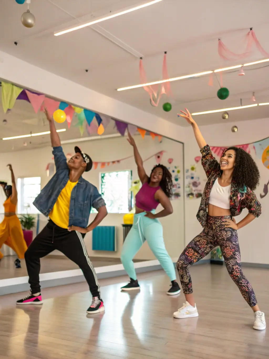 A group of dancers participating in a Charleston workshop, practicing synchronized steps and formations, with an instructor providing guidance and feedback.