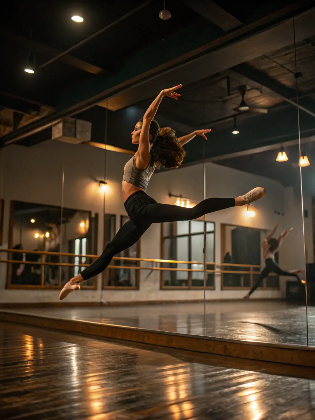 A solo jazz dancer performing a routine, showcasing individual style and creativity, with a focus on rhythm and improvisation, set in a dimly lit jazz club.