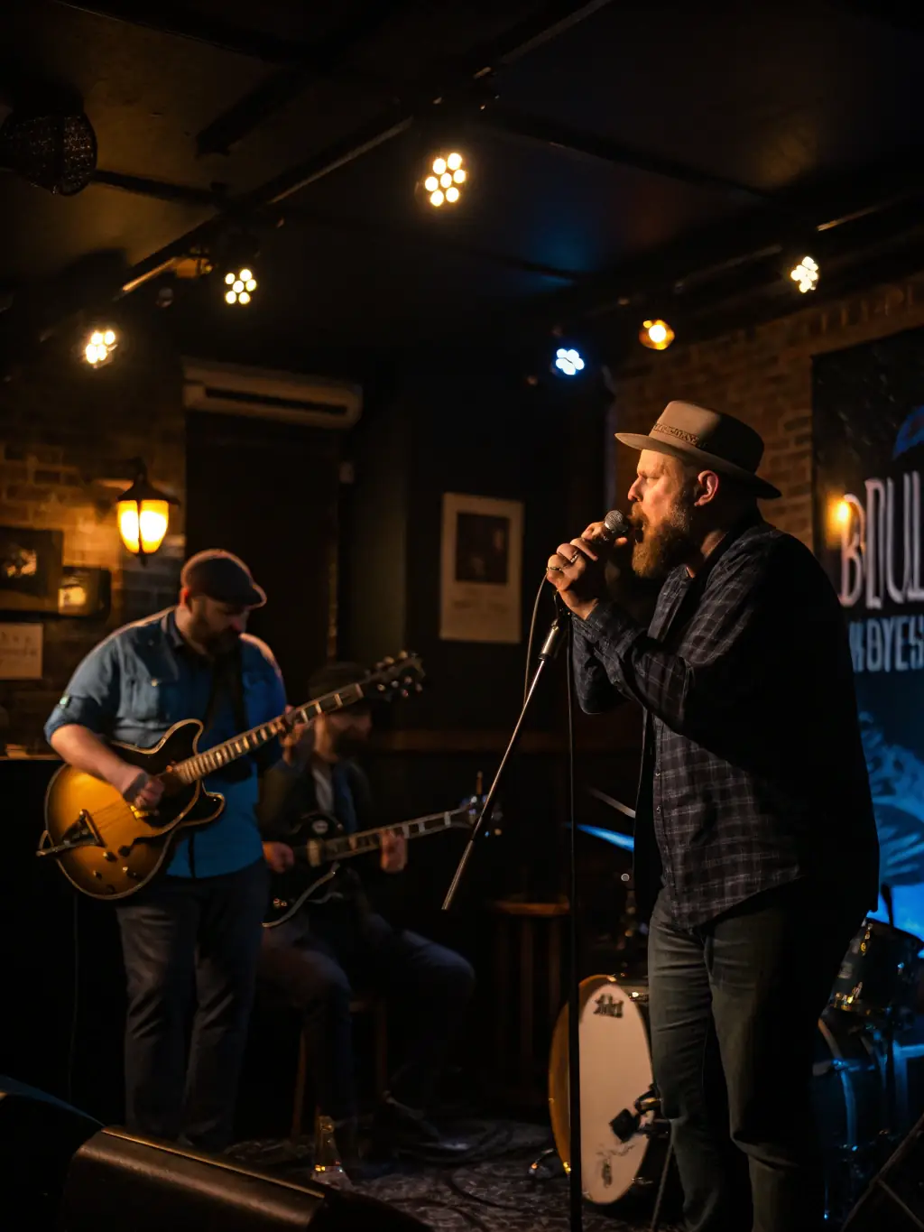 A dynamic image of a Blues dance session, highlighting the soulful expressions and improvisational movements of the dancers, set in a dimly lit, intimate setting with live music.